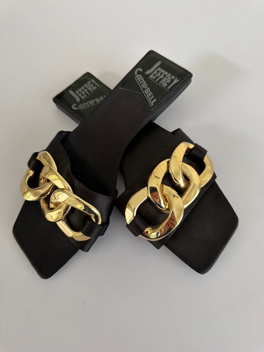 Jeffrey Campbell 'Park' Chain Slide Sandals Black Gold Chunky Mule Flat 7.5 Edgy